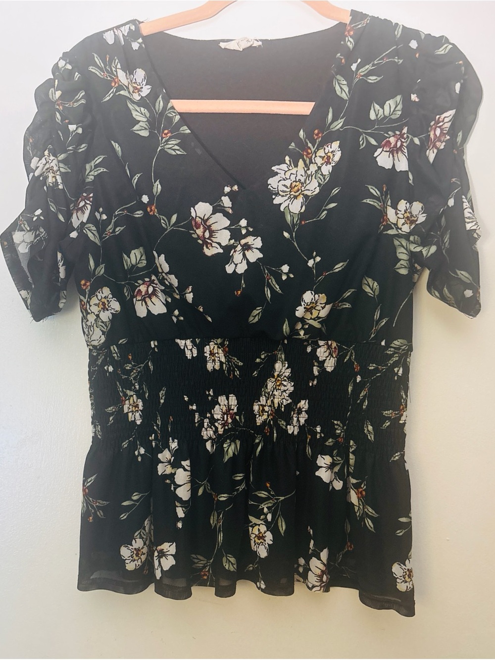 Black Floral V-Neck Smocked Peplum Blouse